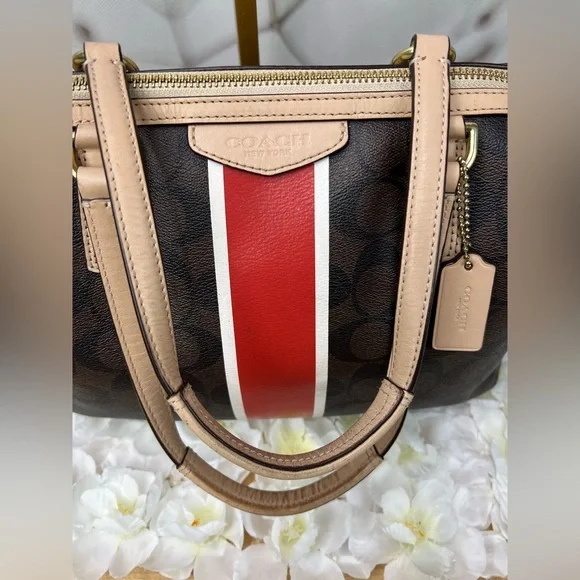 Coach Signature Stripe Red and White Center Stripe Nancy Satchel - Picture 9 of 14